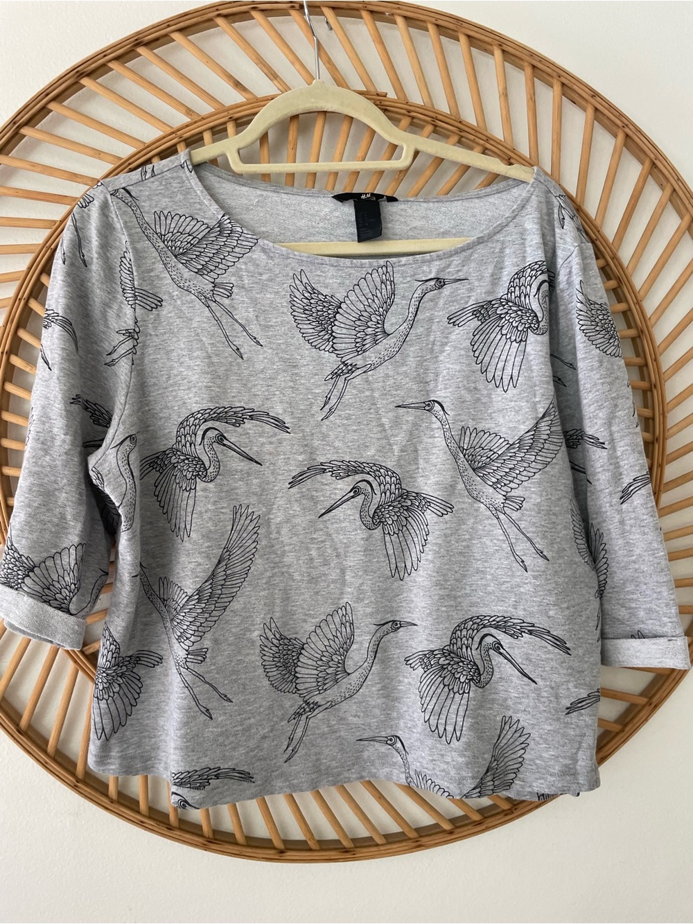 H&M Gray Crane Print Long Sleeve Boatneck Top